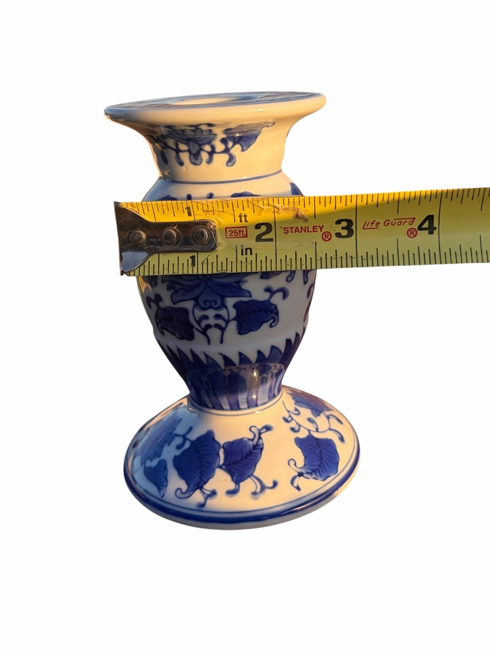 VINTAGE BLUE AND WHITE PORCELAIN PILLAR CANDLE HOLDER | CHINOISERIE FLORAL DESIG - Picture 2 of 9